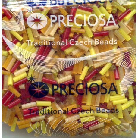 Glass bugles 7x2 mm, colors mix - yellow and red/50g