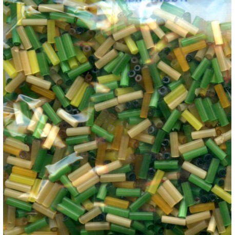 Glass bugles 7x2 mm, colors mix - yellow and green/50g