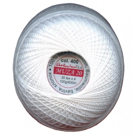 Cotton crocheting yarn "Muza 20", 830m, color 400-white/100g