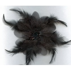 9669 Organza Flower with Feather and Beads 15 cm black